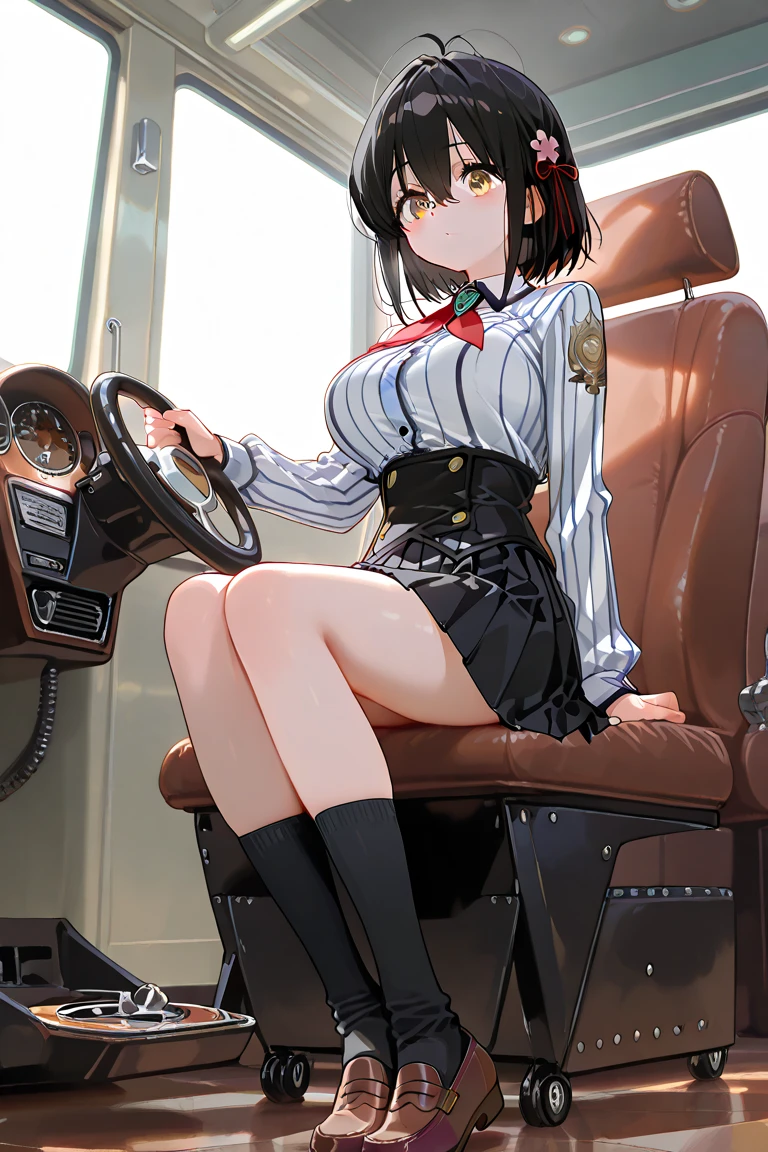 A girl with black hair and dark brown eyes, dark skin and a white shirt with a micro skirt and stirrup legwear
