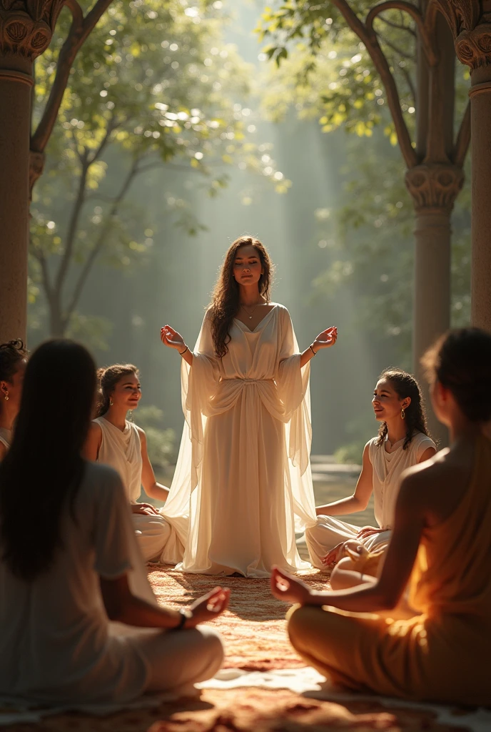 Silhouette of a 67 year old bohemian hippie woman giving meditation classes to her friends