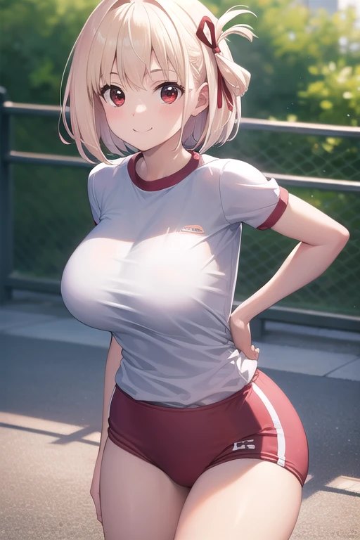 chisatonishikigi, nishikigi chisato, short hair, bangs, blonde, (Red eyes:1.5), Hair Ribbon, One side up, Bobcut, break ((((((Red flower))))))'(((((White shirt)))))'(((((Gym Wear))))) break outdoors, Athletics, break looking at viewer, break (masterpiece:1.2), highest quality, High resolution, unity 8k wallpaper, (shape:0.8), (Beautiful details:1.6), Highly detailed face, Perfect lighting, Extremely detailed CG, (Perfect hands, Perfect Anatomy),(((Big Breasts)))'(((Thighs)))'(smile)