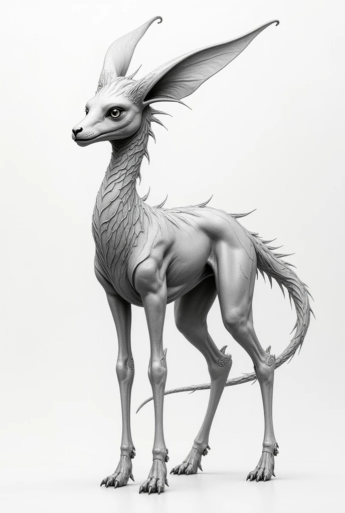 A sleek bipedal creature with cool design pattern and stripes has slight fur.