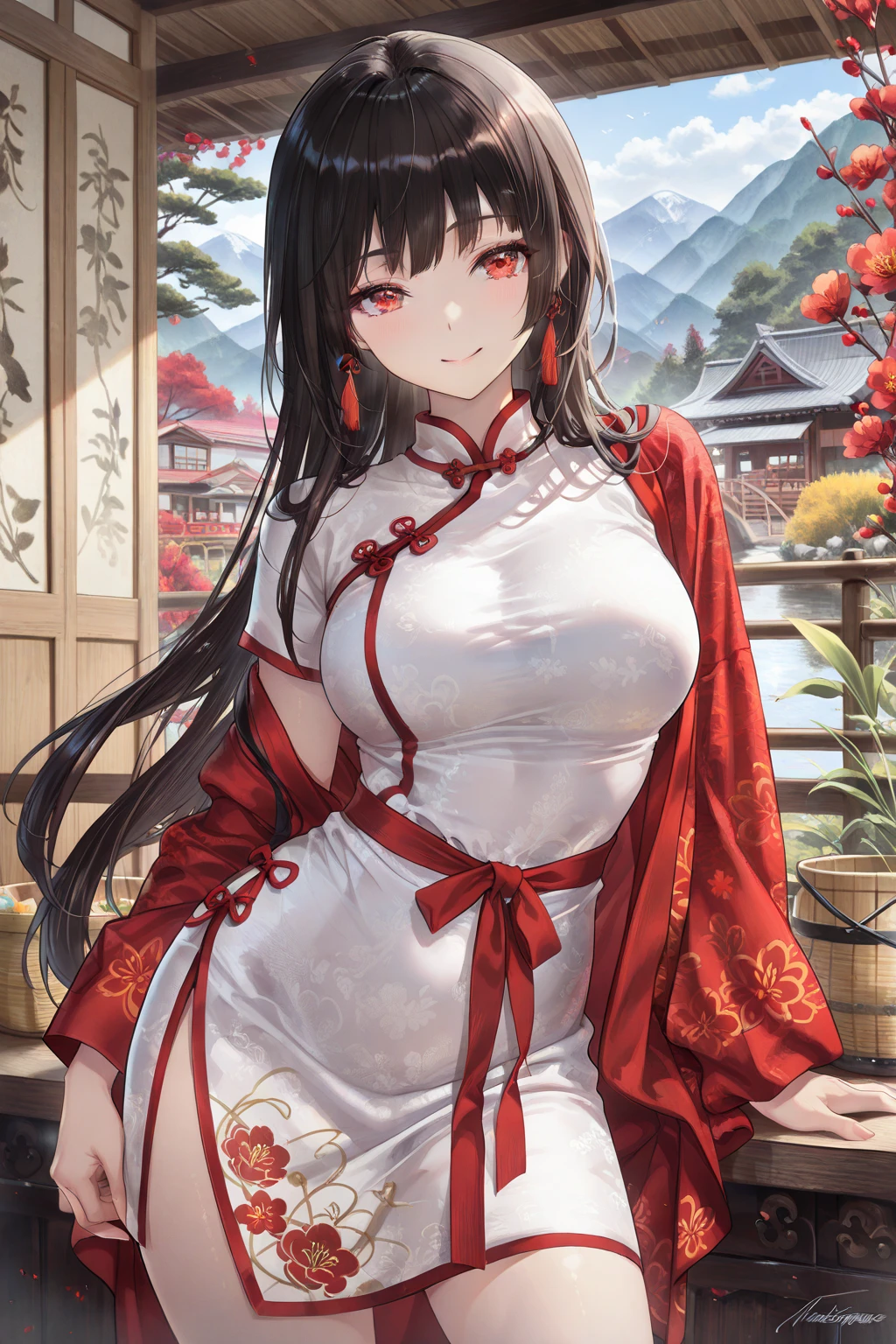 Beautiful Chinese girl,Wearing Hanfu,(transparent),Black long hair,watcher,Sitting on the grass,Lovely,A slight smile on the face,Large bust,Beautiful breasts are long and naturally droopy,Cleavage close-up,(Slim legs:10.0),Peerless Beauty,Wearing Chinese ancient jade hairpin jewelry,Red leg