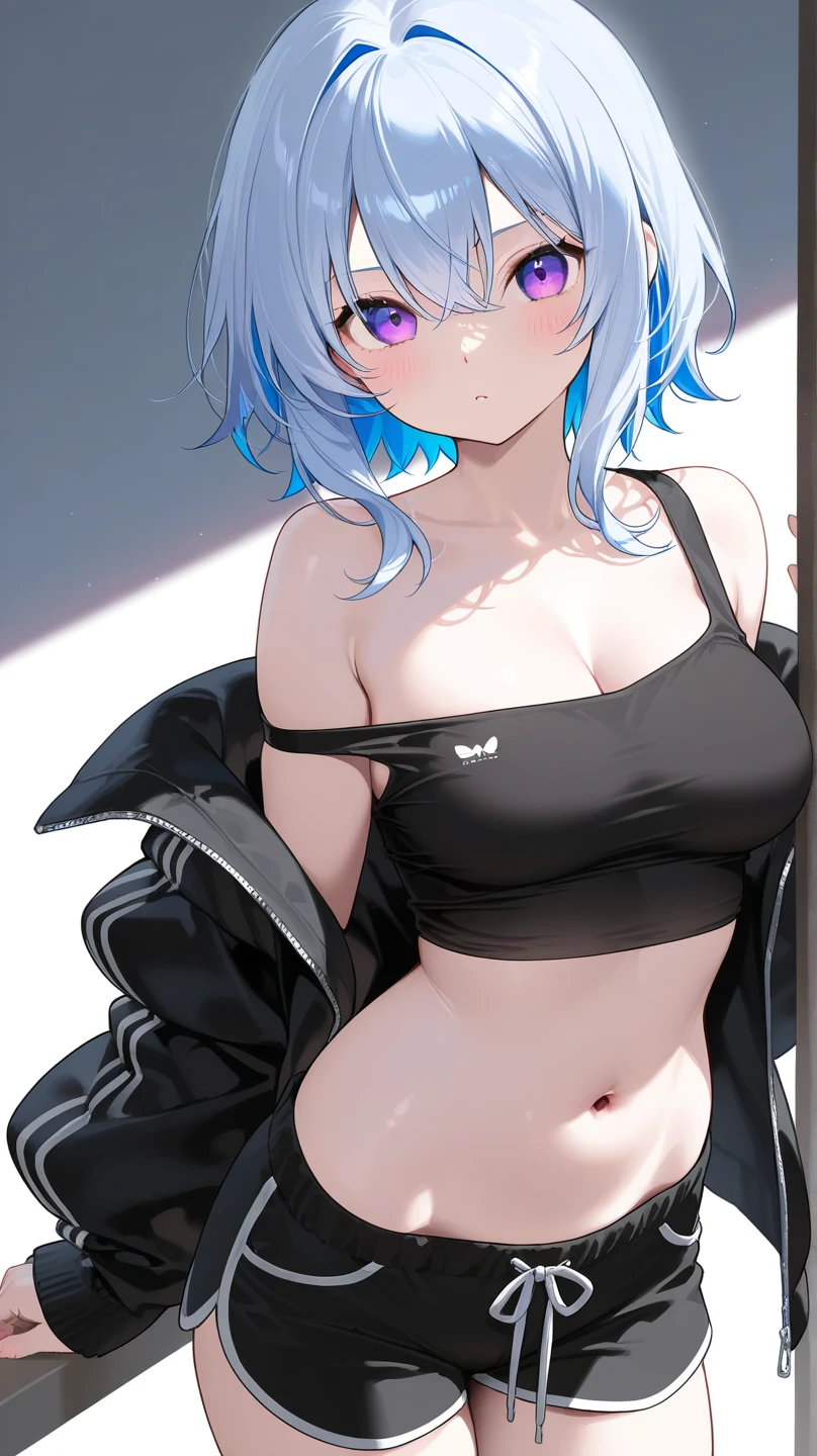 Grown-up girl, short white hair, Heteroromy, blue and purple eyes, cat ears, smirk, tight blue top, Shorts, tattoo, open belly, open breasts, Masterpiece, hiquality, 4k, HD, Good detail