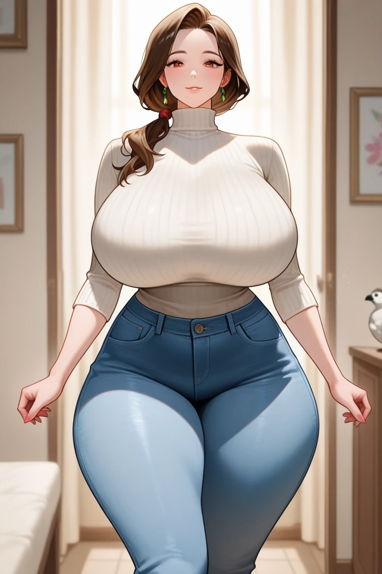 2 heads, a tall fat woman with 2 heads. Inside a bedroom with a window. Nerdy. Wearing tank top, wearing sport shorts. Deep cleavage. Enormous round fake breasts. Big messy brown hair in a bun. Mature. Blushing. Happy, smug. Gigantic fake breasts. Giant butt, huge ass. Nerdy. Wife. Mother. Wide hips. In love. Blushing. Huge lips, lipstick. Selfie, POV selfie, taking a selfie.