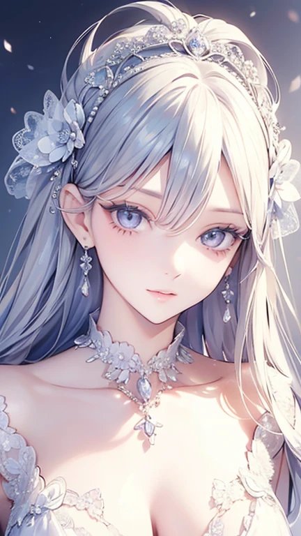 Woman in white dress, artwork in the style of Gwaiz, Gwaiz on pixiv artstation, Gwaiz on artstation pixiv, Gwaiz, Fantasy art style, Gwaiz masterpiece, Beautiful and elegant queen, Beautiful character drawings, Detailed digital anime art, Blonde Princess, Gray Hair, Sky blue eyes, Pink Lips,(Very delicate and beautiful face), (Beautiful eyes in every detail),
