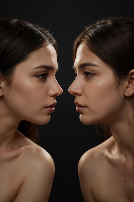 Two men facing each other angrily and two woman facing each other with a dark background. I need only their faces