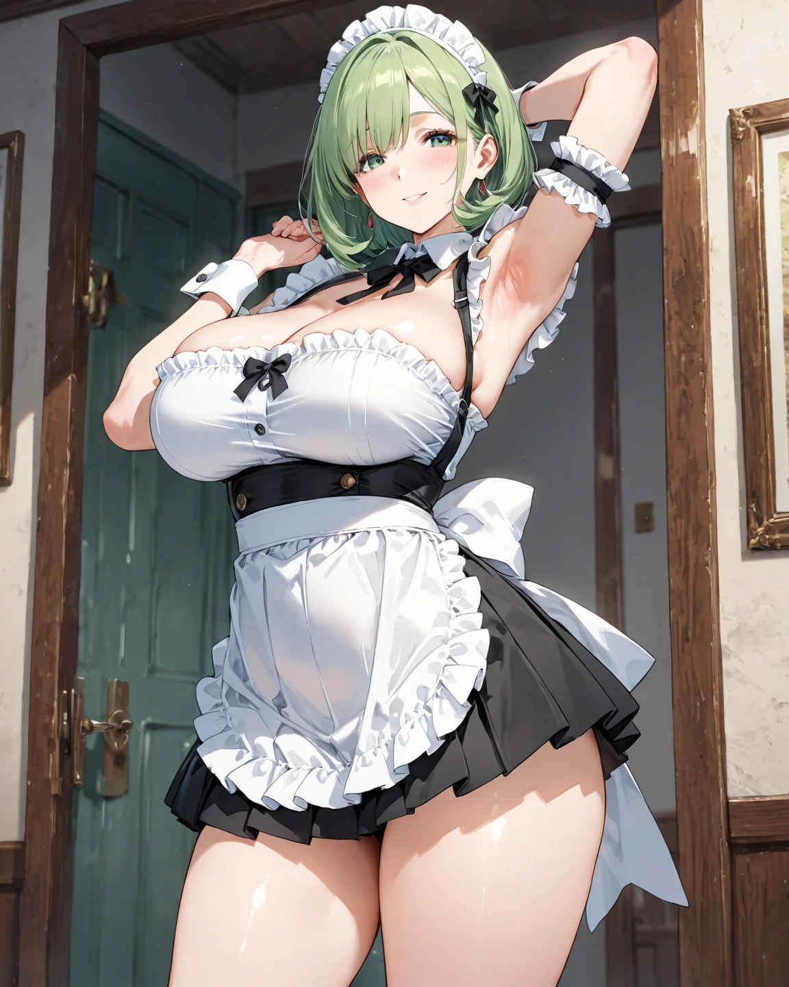 (Original Character、Unity 16K Wallpaper, Masterpiece, Best Quality, Ultra-Detailed, Extremely Detailed CG, Caustics, Cinematic Lighting, Detailed, Beautiful Detailed Eyes, solo,sexy women), Ultra High Resolution, fine skin, ((maid, maid apron, maid headdress,)), (strong light)、oily skin,curby:1.2,,cowboy shot,sexy women,short wavy hair, above chest:1.2,little devil face,large breasts,vivid green hair,