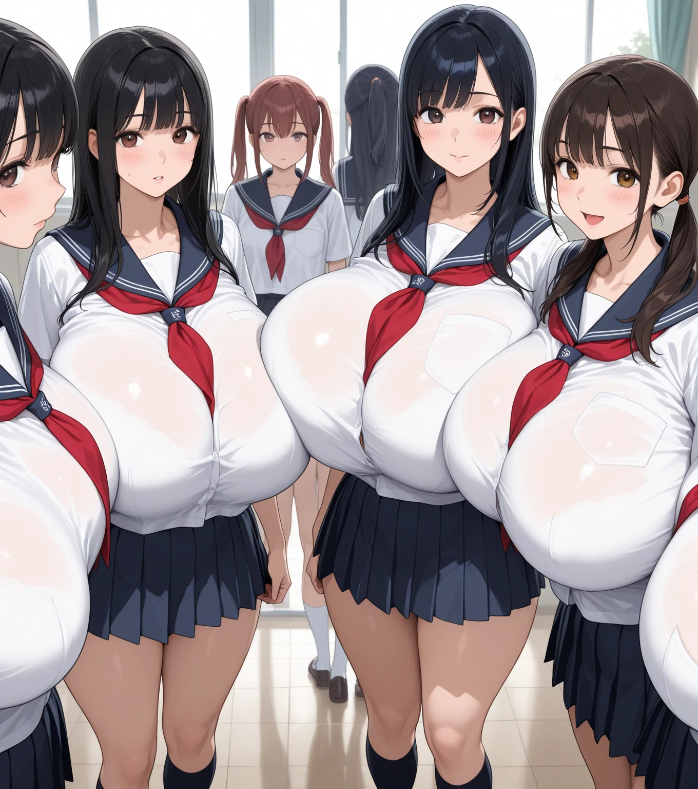 highest quality、High resolution、8K、cute beauty、detailed background、beautiful and detailed face、beautiful and smooth skin、skin texture、Beautiful age girl、(5 women)、(big breasts:1.4)、sexual expression、Sexual cosplay style sailor suit、Anime series featuring warriors of justice.、Each character comes with a different colorful dress and accessories.。sexy pose、outdoor stage