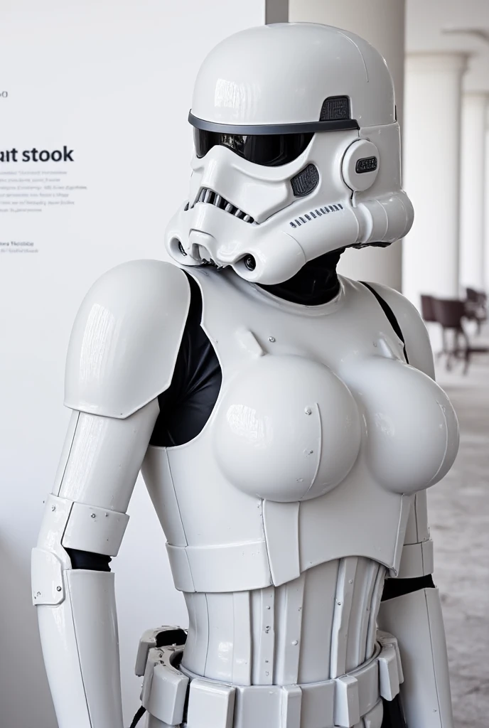 a photo of a stormtrooper woman hourglass figure, shopping at Whole Foods, carrying a shopping basket with multiple items in it, high resolution, beautiful, highest quality, masterpiece, highly detailed,nsfw,huge breast,huge butts,erect nipple,puffy nipples,cutout nipple,