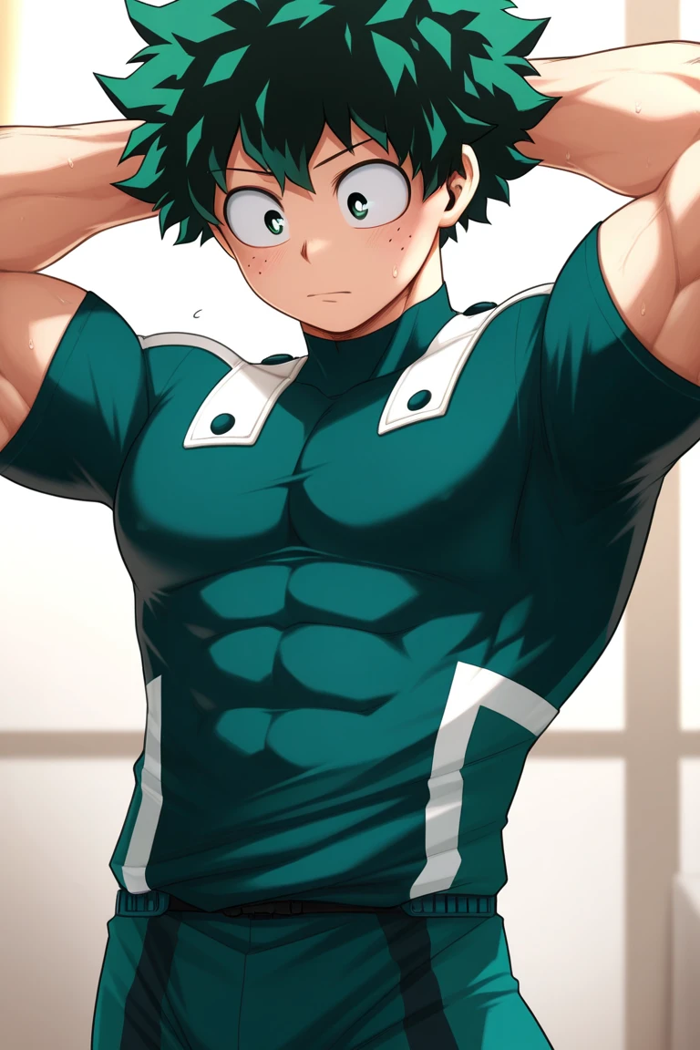 (masterpiece, best quality:1.2), Cowboy-shot, alone, male focus, 1 boy, midoriya izuku, smile, Viewers look at, short green hair, green eyes, green bodysuit, Glovesmuscular, muscular legs, muscular arms, Muscular upper body, muscular abdominal muscles, muscular shoulders, muscular body,