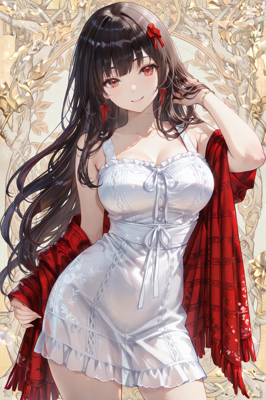 (SFW), masterpiece, best quality, highres 64k, professional artwork, famous artwork, clean, cinematic lighting, beautiful eyes + detail, beautiful hair + detail, multicoloured hair, (sexy young female body:1.4), ( medium breasts, lactation), happy:1.2, smile, sexy looking at the viewer, floating hair, <lora:M14_GirlsFrontline:0.8>, brown eyes, long hair, hair ornament, indoors, bedroom, (want to have sex) <lora:weddingDressExtension_weddingdressexv04:1>, wedding dress:1.3, bridal veil,