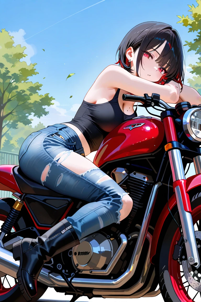 1 Girl、Black Hair、motorcycle、,mini skirt、White panties、Beautiful thighs、in town、