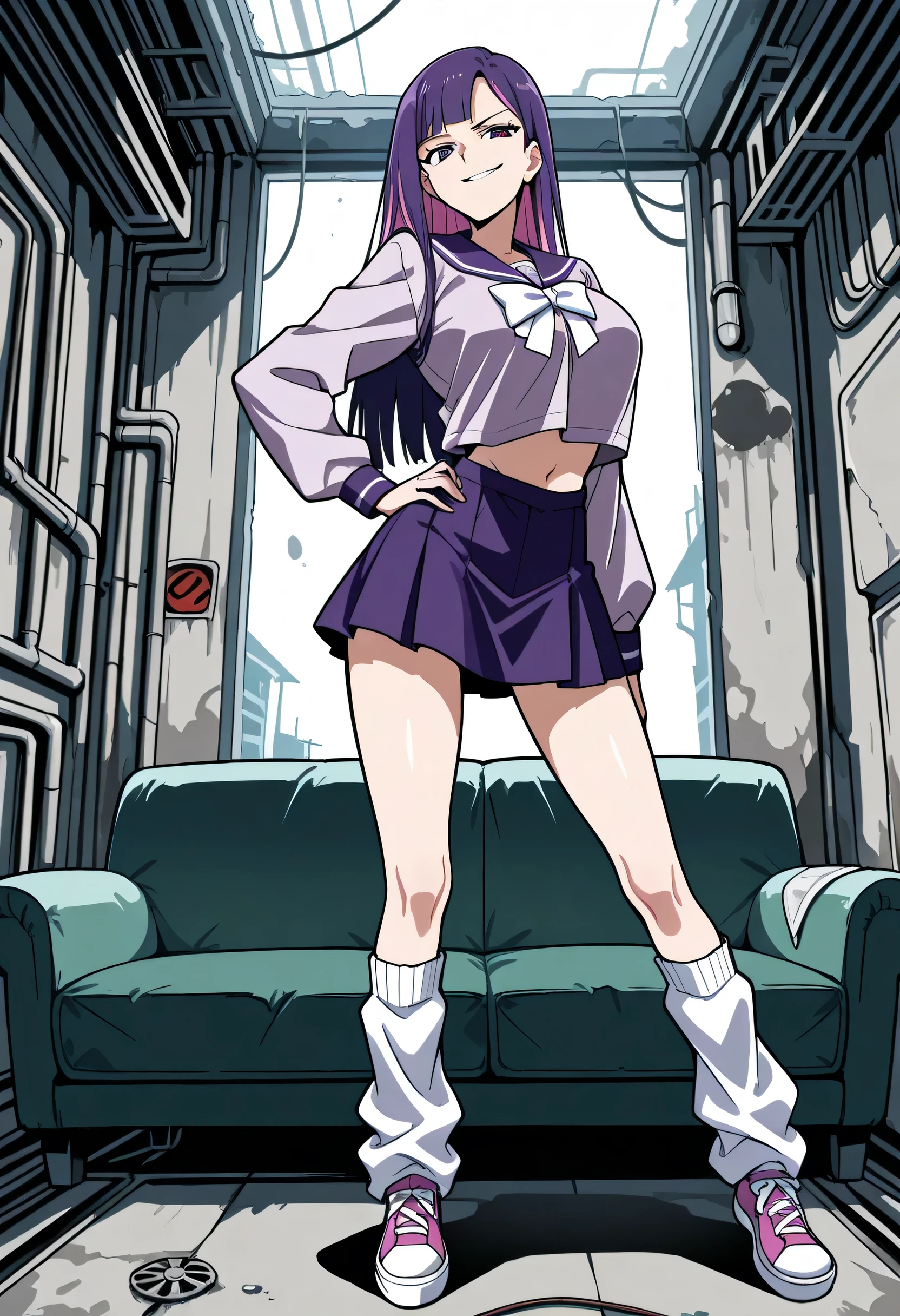 score_9, score_8_up, score_7_up, 1girl, mature, solo, smirk, long hair, bangs , straight hair, purple hair , pink highlights inner , purple eyes, purple sailor school uniform, navel , short skirt, long legs , big breast , arched back , hand on hip , loose socks, casual stance , shoes , relaxed arms , set on sofa , spread legs , abandoned factory ,
v3r1d1an,