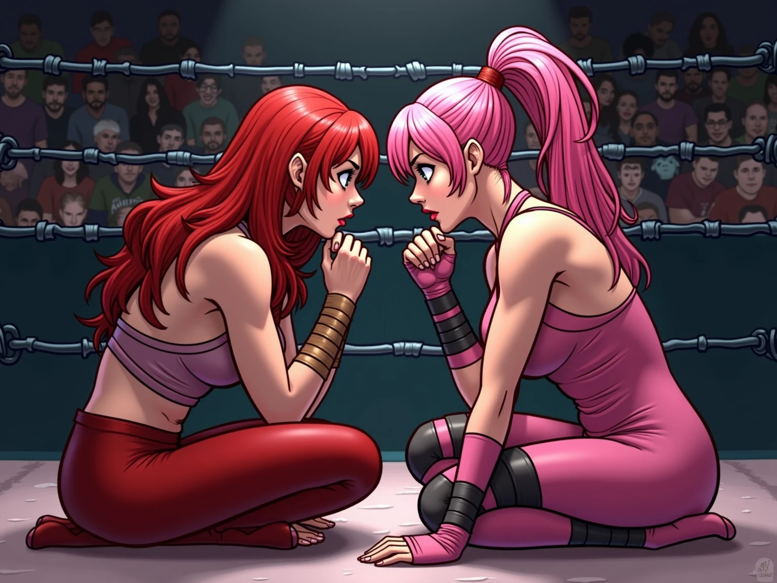 Create a professional shot that captures the dynamic moments of the wrestling scene between a beautiful Chinese girl with sloppy half-pink hair wearing pink pajamas with a Hello Kitty pattern and a short-haired Thai girl with sharp pink hair wearing an orange maid outfit. They fought against the floating figures in the wrestling ring that were illuminated by the spotlight. The wrestling scene should be shown in the center of the slide. They fought and seemed to float with bumps and locks in mid-air. Color photography, Perfect spotlight lighting creates a breathtaking and thrilling atmosphere, Ultra Wide Angle Shot, Full Body View, Detail, Wrestling Costume Lookalike, Volumetric Light, Professional, Realistic, Exaggerated, Realistic, Highly Detailed
