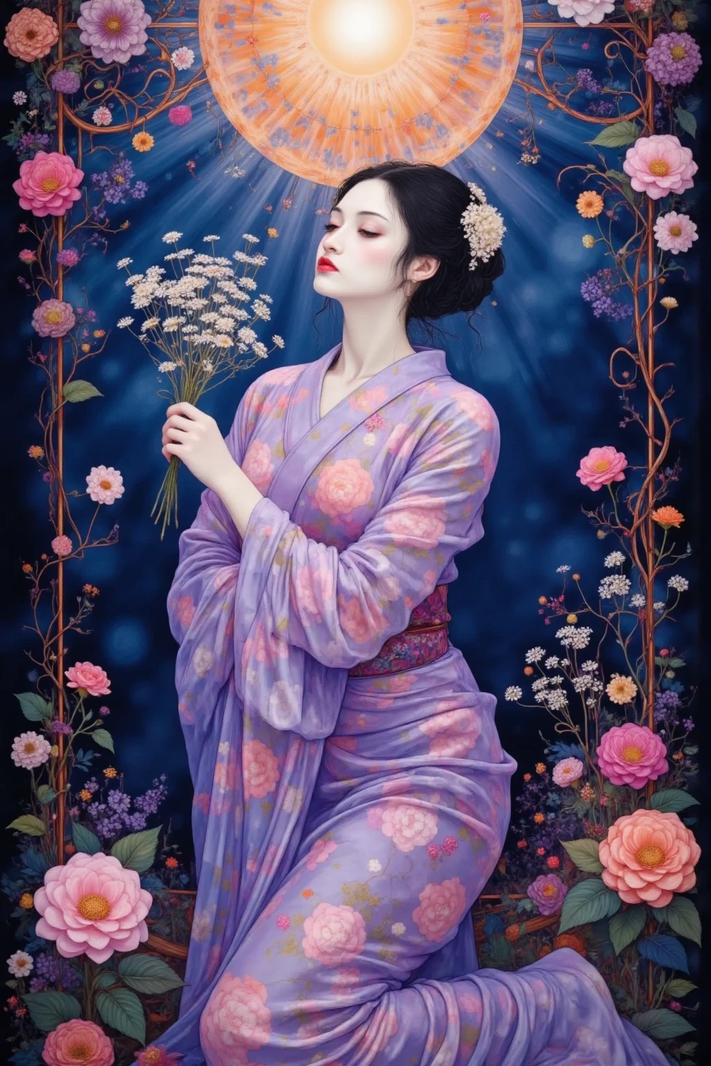 bissett, dark theme,
1girl, solo, blue eyes, black hair, hair ornament, holding, cleavage, medium breasts, flower, japanese clothes, kimono, off shoulder, nail polish, makeup, lipstick, yellow background, red nails, eyeshadow, holding flower, hair stick, kanzashi, comb,
<lora:tamurayoshiyasu-04:1> <lora:bissett-02:0.6> <lora:lowra_v10:1>