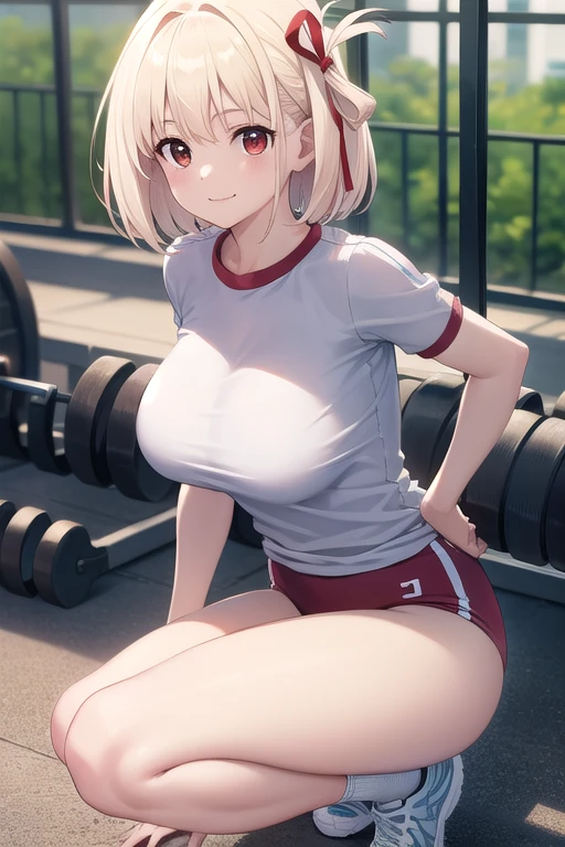 hamakaze, hamakaze, blue eyes, gray hair, hair ornaments, hair above one eye, hair clip, short hair, short hair, break looking at viewer, break (masterpiece:1.2), highest quality, High resolution, unity 8k wallpaper, (figure:0.8), (beautiful and fine eyes:1.6), highly detailed face, perfect lighting, Very detailed CG, (perfect hands, perfect anatomy),(((big breasts)))‚((((red (bloomer)))))‚(((((white shirts)))))‚(((((gym clothes))))),smile,