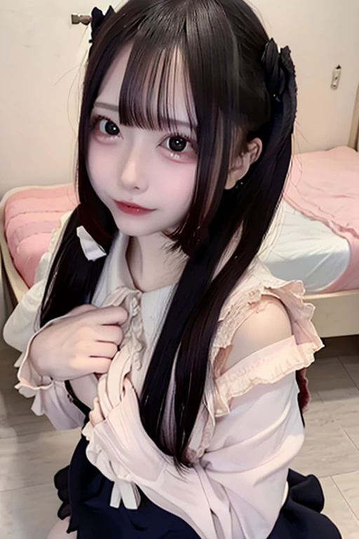best quality, masterpiece, photo of over the knees, ank, A Japanese pretty girl, 14 yo, eye contact, smile, teeth, upright pose, horizontal view, low angle, 