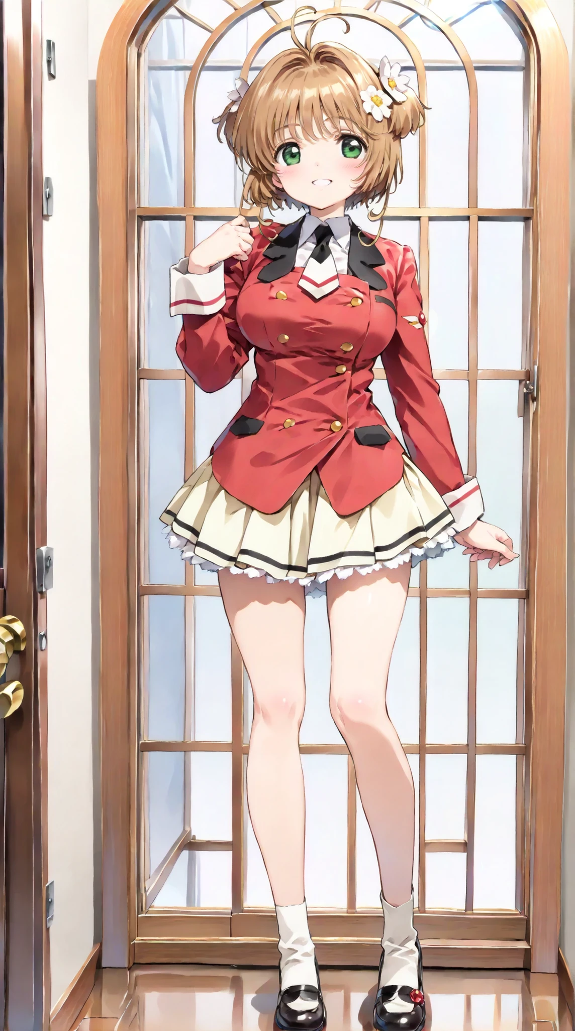 (masterpiece, top quality:1.5), 1girl, solo, Kinomoto Sakura(Cardcaptor Sakura)、20yo, portrait, cute yellow clothes, red jackets, Smiling, short hair, Full Body, Slightly Super Big Breasts, flower hair accessories, kyun kyun, It's absolutely fine, Miller Magic House, Myriad Mirror Maze, 鏡には Kinomoto Sakuraでいっぱい, 鏡から Kinomoto Sakuraが多数連なって出現, Alter-ego magic,