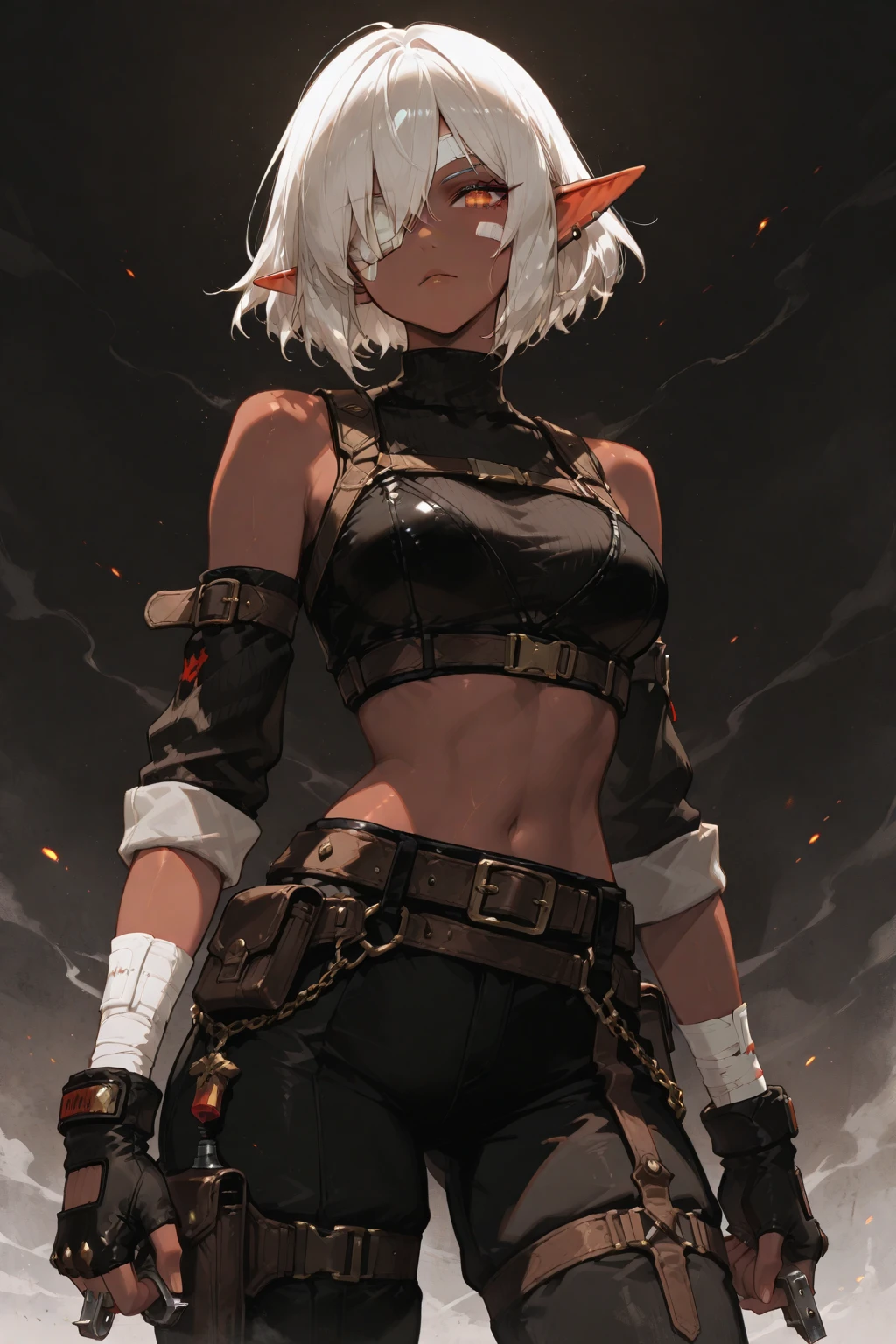gray hair,best image quality,teenage girl,masterpiece,black skin,short hair,Lion ears,short hair,golden eyes,,tits,shining face,dense forest,,slender,fur,leather armor,shorts