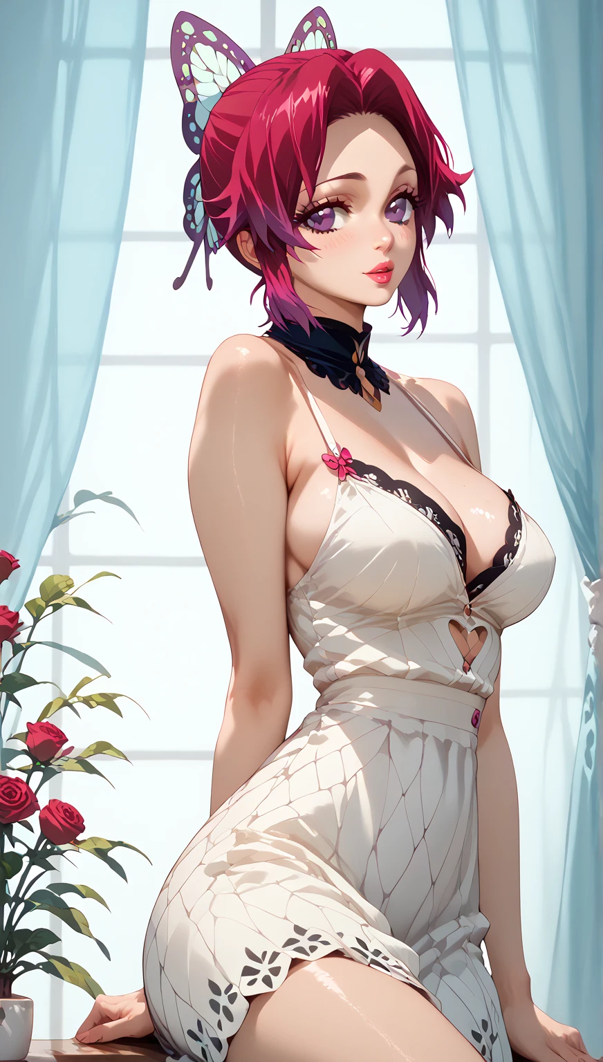 (best quality, ultra-detailed, photorealistic: 1.39), bright and vibrant colors, studio lighting, romantic expression, An effeminate girl, with a delicate and beautiful face. She is a girl who reflects seductive beauty, sparkling eyes, A beautiful adult woman beautiful and voluminous dark pink hair, ponytail, bow in the hair, crying a seductive 2 woman with big breasts seduces, with her large breasts seduces, beautiful lace jumpsuit, sensual transparent jumpsuit, white with red tones, with chain details, in a sensual pose, pose, with beautiful legs, ankle boots, with her blue eyes beautiful romantic smile, full pink lips, in a beautiful pose demonstrating her seduction in the living room, fireplace, window, in a provocative virgin-killing pose, anime style, like a manwha character
