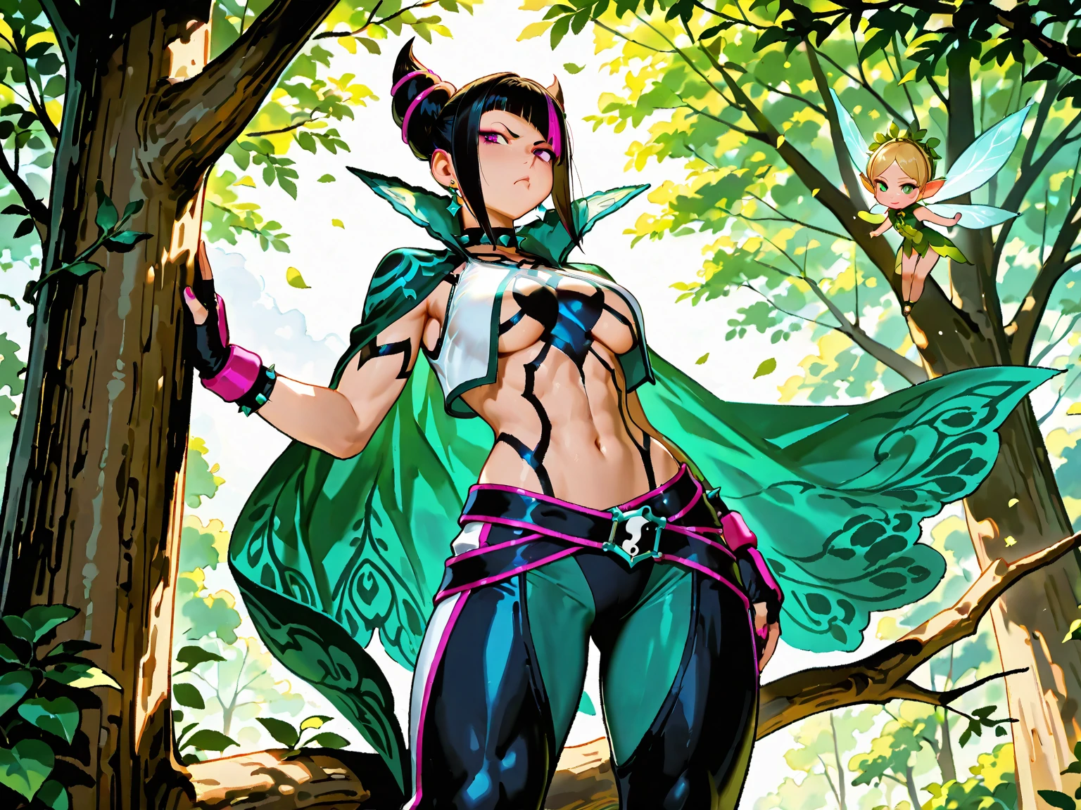 (masterpiece, best quality, highres, absurdres, ultra-detailed:1.2),<lora:TiraSC3-10:0.8>((1girl, solo, Tira3, purple eyes, short aqua hair, makeup, mole under eye, purple tattoos, green lips, TiAttre, revealing clothes, green feathers, no bra, midriff, elbow gloves, cleavage, thighhighs, green footwear, fur trim)), (shopping mall, happy, storefronts, white tile floor) <lora:add_detail_v1:0.75>