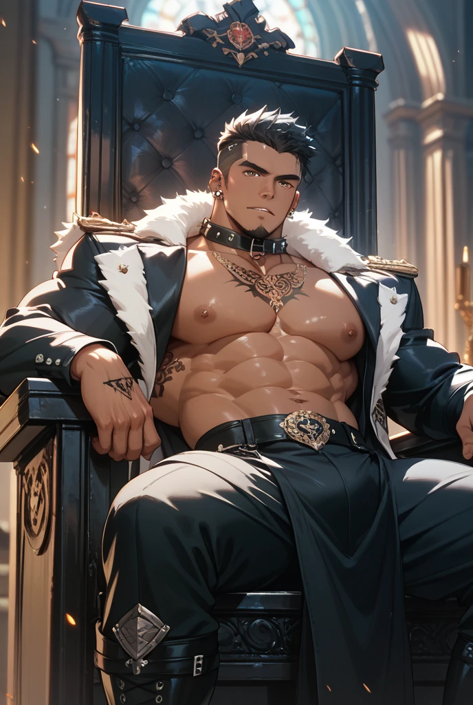 Handsome male, brown skin, dark skin, red eyes, purple hair, short hair, detailed body, detailed hands, laying on bed, pants unbotton, teary expression, tattoos, piercings, pleading eyes, teary eyed, begging, ecstasy, black shorts, huge bulge in pants, manly, good looking, good quality, nipple piercings