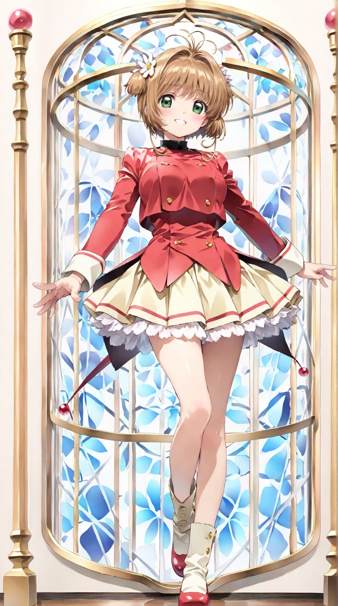 (masterpiece, top quality:1.5), 1girl, solo, Kinomoto Sakura(Cardcaptor Sakura)、20yo, portrait, cute yellow clothes, red jackets, Smiling, short hair, Full Body, Slightly Super Big Breasts, flower hair accessories, kyun kyun, It's absolutely fine, Miller Magic House, Myriad Mirror Maze, 鏡には Kinomoto Sakuraでいっぱい, 鏡から Kinomoto Sakuraが多数出現,
