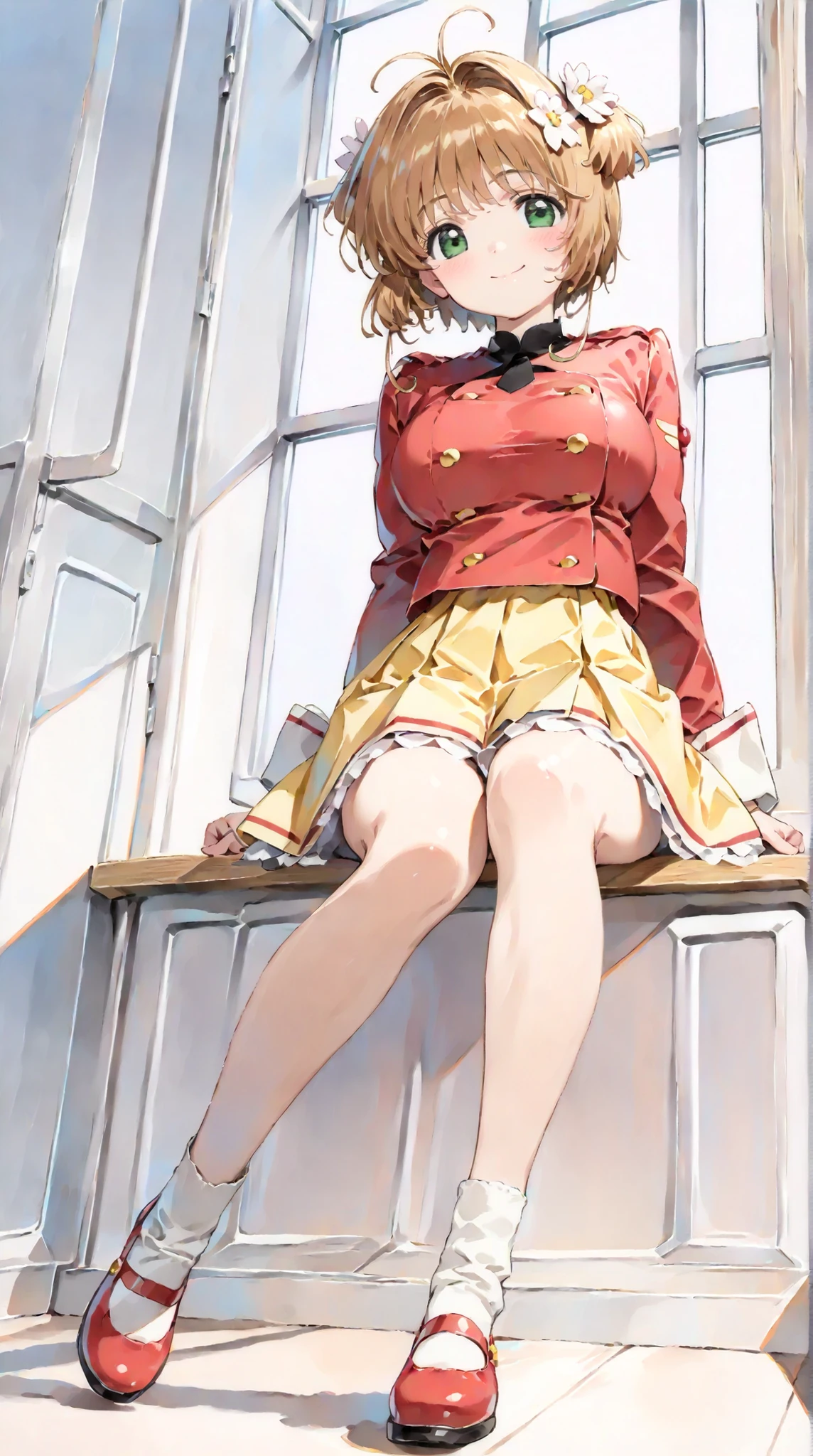 (masterpiece, top quality:1.5), 1girl, solo, Kinomoto Sakura(Cardcaptor Sakura)、20yo, portrait, cute yellow clothes, red jackets, Smiling, short hair, Full Body, Slightly Super Big Breasts, flower hair accessories, kyun kyun, It's absolutely fine,