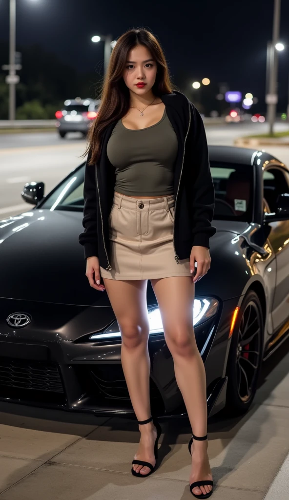 1girl in, 30 years old, Square face, Long hair, Looking at the viewer, jewelry, Realistic, Sexy, sexy short skirt outfit, standing next to a supercar, posing freely