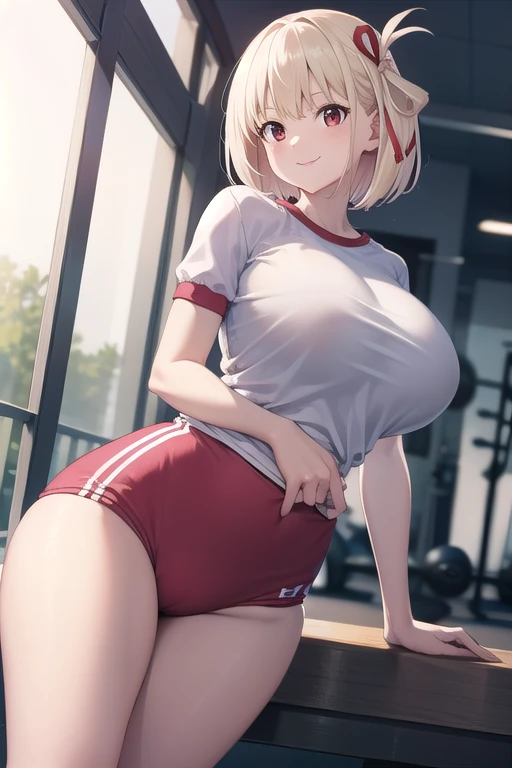 NSFW、Bimbo, Mischievous,  Lady, 22year old, Seios Enormes, huge-breasted, huge-breasted, breasts larger than the body,,,,,,,,,,,,,,, in white panties and bra, short blond hair, sit with your legs spread out on the gym floor、Wet crotch、Overflowing sexual fluids、vaginal、ssex、Strong Man、thick penises