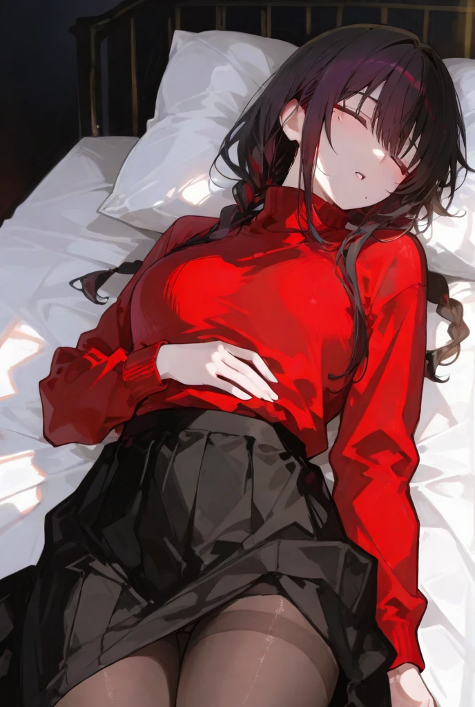 ((nsfw)),vaginal 、Bedroom、on the bed、sit、Watery eye、blush、Glaring、tohsaka-rin, (red sweater:1.5), skirt, sweater, Thighhighs, turtleneck、black hair、shiny hair