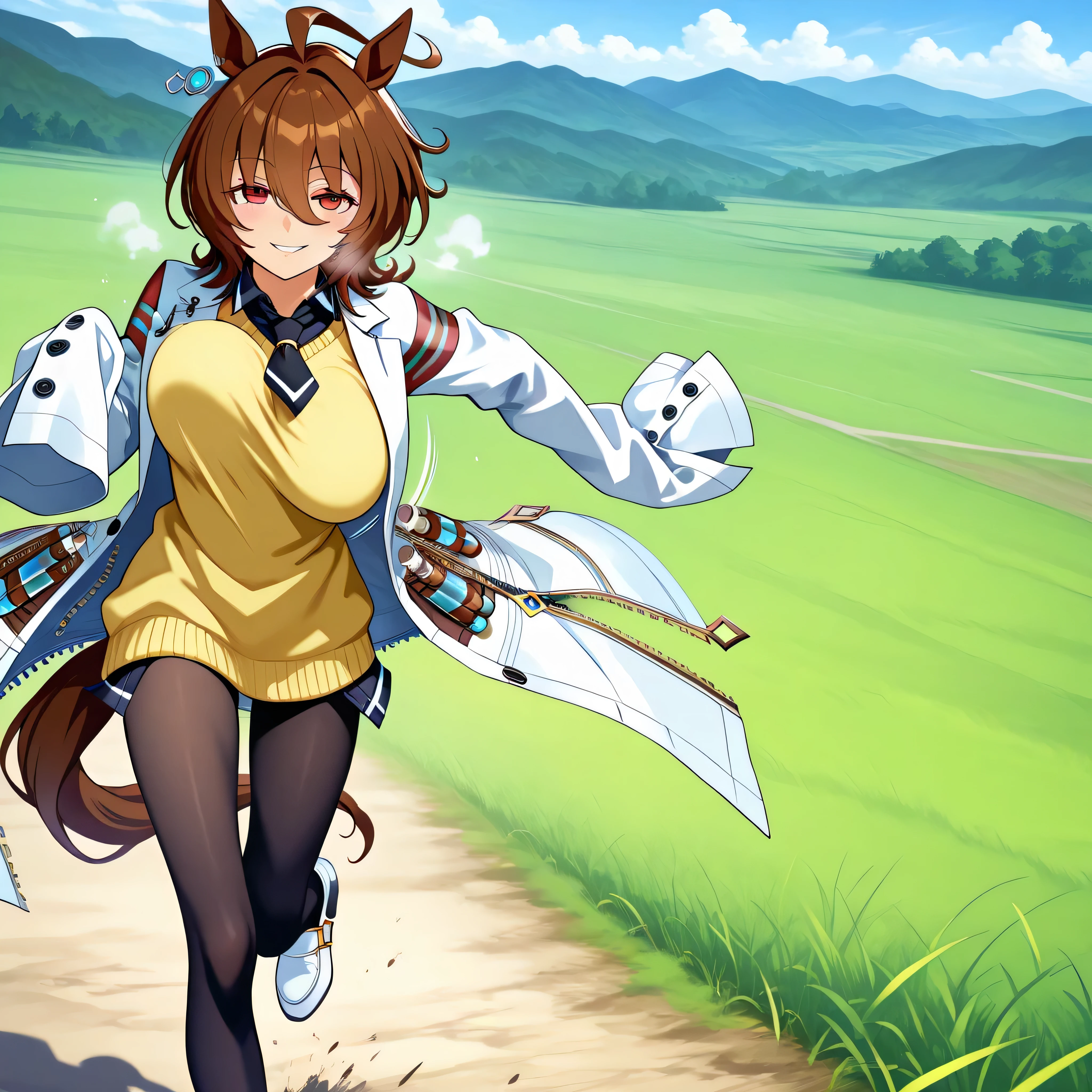 score_9, anime style, longlegs_v0.22_pony, agnes tachyon, horse ears, horse tail, labcoat, sleeves past fingers, yellow sweater, black necktie, pantyhose, single earring, landscape, grass field, BREAK, 1 skinny girl running, (bouncing unaligned breasts:1.3), smile for viewer, heavy breathing, BREAK, small torso, too short torso, (large breasts), skinny legs, very long legs