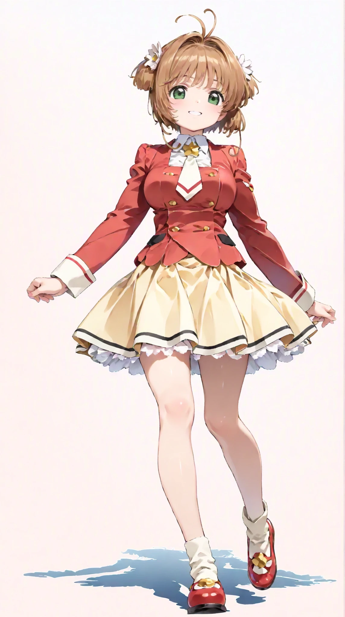 (masterpiece, top quality:1.5), 1girl, solo, Kinomoto Sakura(Cardcaptor Sakura)、20yo, portrait, cute yellow clothes, red jackets, Smiling, short hair, Full Body, Slightly Super Big Breasts, flower hair accessories, kyun kyun, It's absolutely fine,