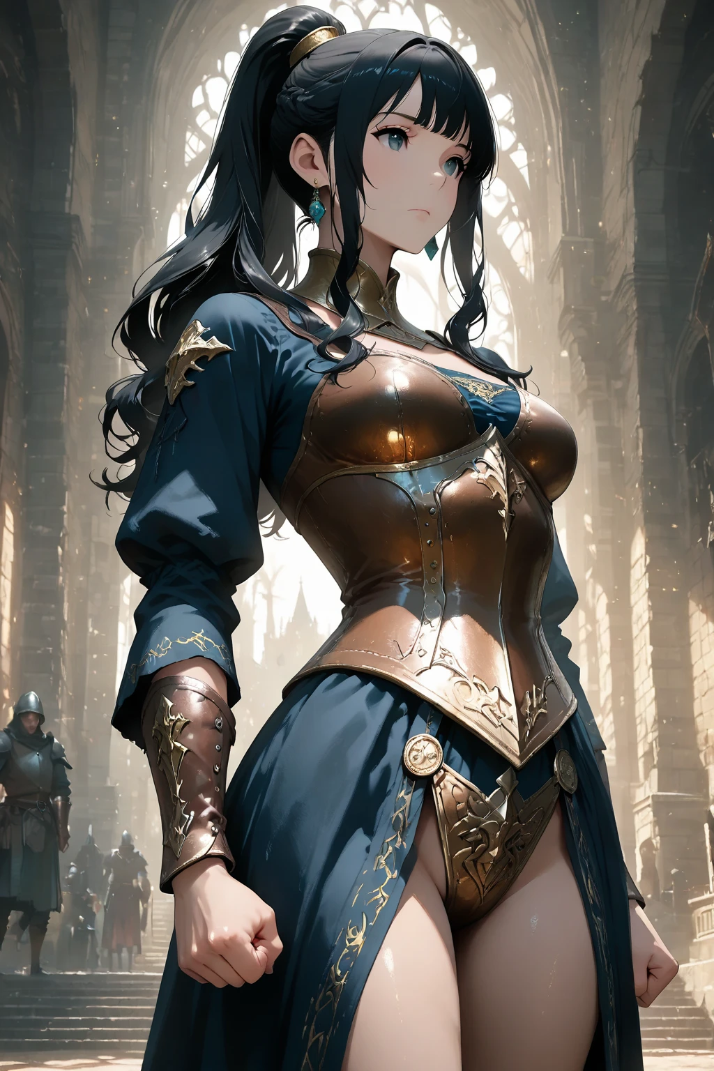 tmasterpiece, Top image quality, A high resolution、独奏、Chopping,Off-the-shoulder attire,Large breasts,small tit、battle garment,armor、High ponytail hairstyle、No bra、Sweaty face、Latino, puberty,Winters,Yuki