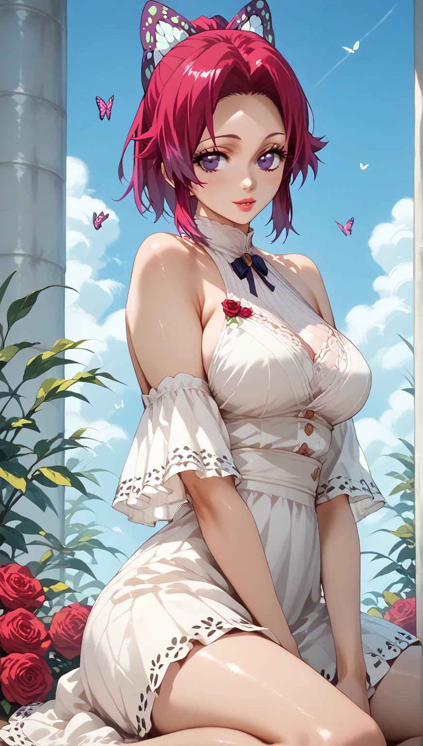 1 girl, long pink hair, red eyes, white complexion, casual dress, big breasts