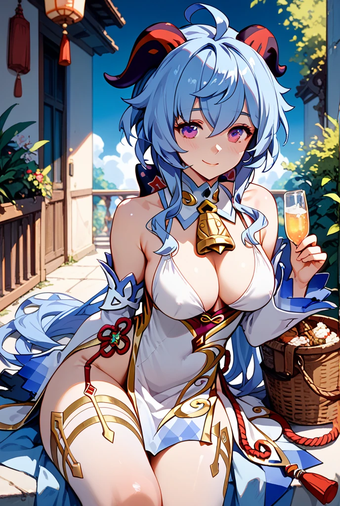 blue_hair, long_hair, bangs, horns, purple_eyes, ahoge, breasts, blush, goat_horns, sidelocks, bell, medium_breasts, large_breasts, neck_bell, ((masterpiece)), (Professional Photography:1.2), camelliamix, from above, flat body, Beautiful flowers bloom, (sparkles), (There is a blooming camellia),standing under a tree, (head looking up), Look at the tree, Natural soft light, macaron, Still ethereal, Crisp and smooth lines, radiant morning light, soft luminescent glow, (((Yukata, jacket, navel))), sleeveless