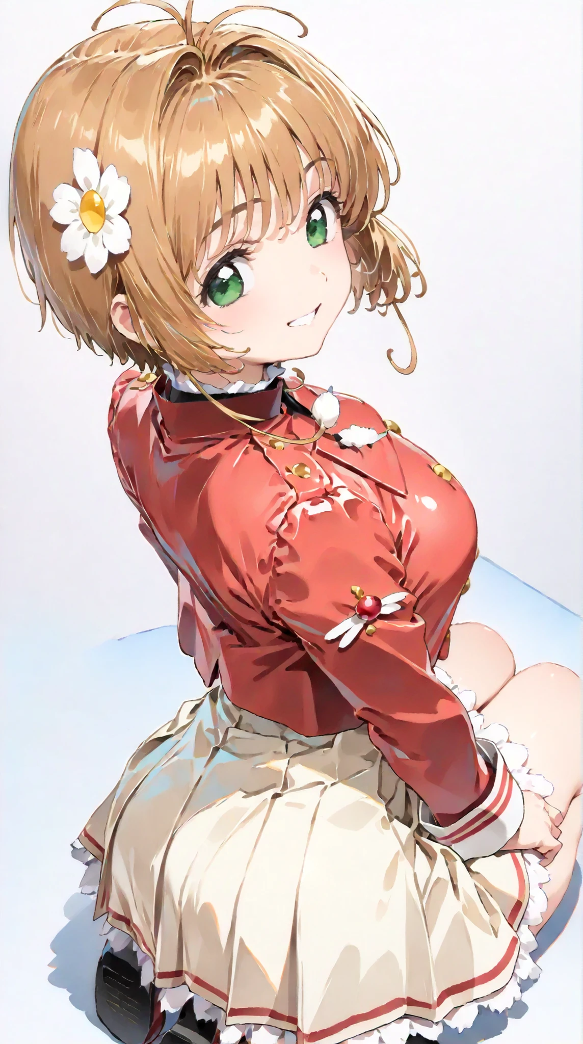 (masterpiece, top quality:1.5), 1girl, solo, Kinomoto Sakura(Cardcaptor Sakura)、20yo, portrait, cute yellow clothes, red jackets, Smiling, short hair, Full Body, Slightly Super Big Breasts, flower hair accessories, kyun kyun, It's absolutely fine,