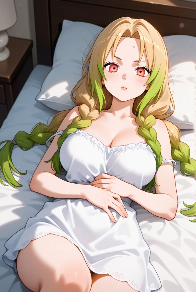 1 Girl, Medium Breasts, Half Orange Hair And Half Lime Green Hair, Split Hair Color, Two Hair Colors, Lime Green Eyes, Nice Eyes, Long Hair Style, Freckles, Nice Lips, Nice Nose, Pale White Skin, Smooth Skin, Uncaring, Sexy, Bitch, Long White Sundress, Laying in Bed