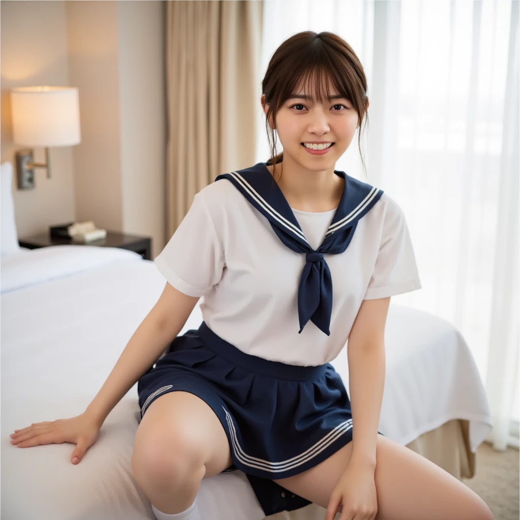 (nsfw: 1.5), 1 girl (8k, RAW photos, top quality, masterpiece: 1.2), (real, real: 1.37), asian schoolgirl, super detailed, bare feet, full body shot, Japan old house, sailor suit, short miniskirt, white panties, realistic eye and face details, natural skin texture, full body, athlete figure, muscular thighs, fair skin, detailed face, movie lighting, realism, Realistic background, realistic lighting, white gal, blonde, seductive pose, sweaty, moody, ear piercing, dark makeup