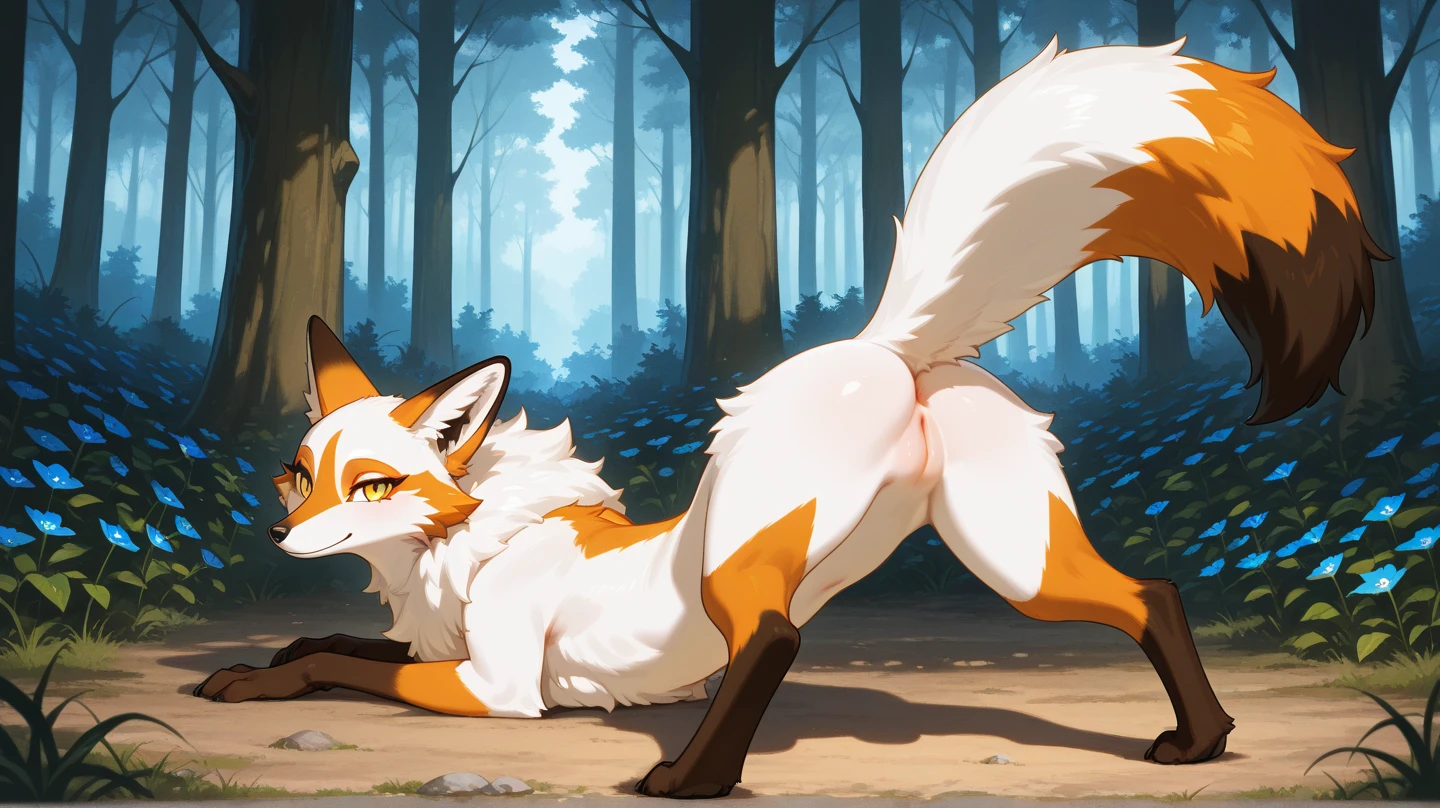 palfoxparks, feral, solo, female, looking at viewer, forest, smile, open mouth, orange eyes, by wkar, by waspsalad, big breasts, fellatio, leaning foward, mouthful, cum in mouth, pov, in lap, view from above, huge penis