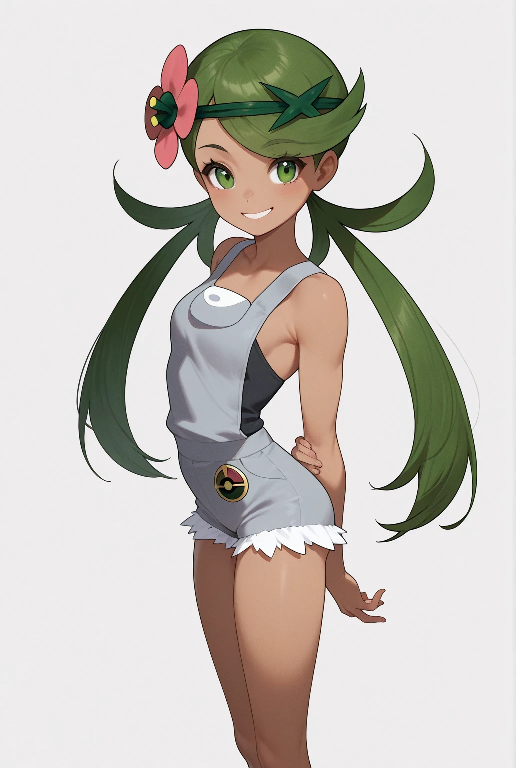 (Masterpiece), Best Quality, ultra-detailed, 1girl (zodiac_mallow, lovely small breasts, dark skin, green hair, long hair, twintails, headband, pink flower in hair, green eyes, half-closed eyes), a seductive face, wicked smile, parted lips, facing viewer, looking at viewer, solo, black jacket, leather jacket,undress, bare one
shoulder, white tank_top, covered nipples, cleavage, navel, denim short shorts, outdoors, street, standing, Sexy waist teasing , a provocative pose
