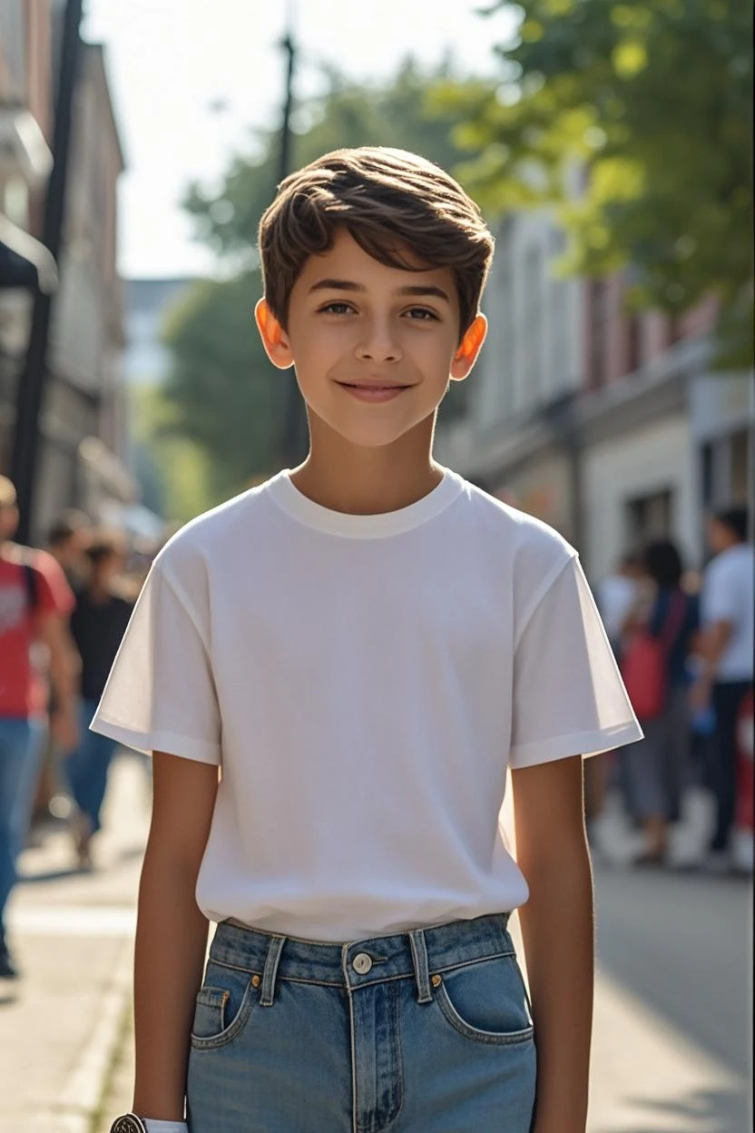 create a t shirt mock up, of a average looking young european kid wearing a white t shirt in a city, make it look like a real human creases in the face, no filters, all natural looking human skin