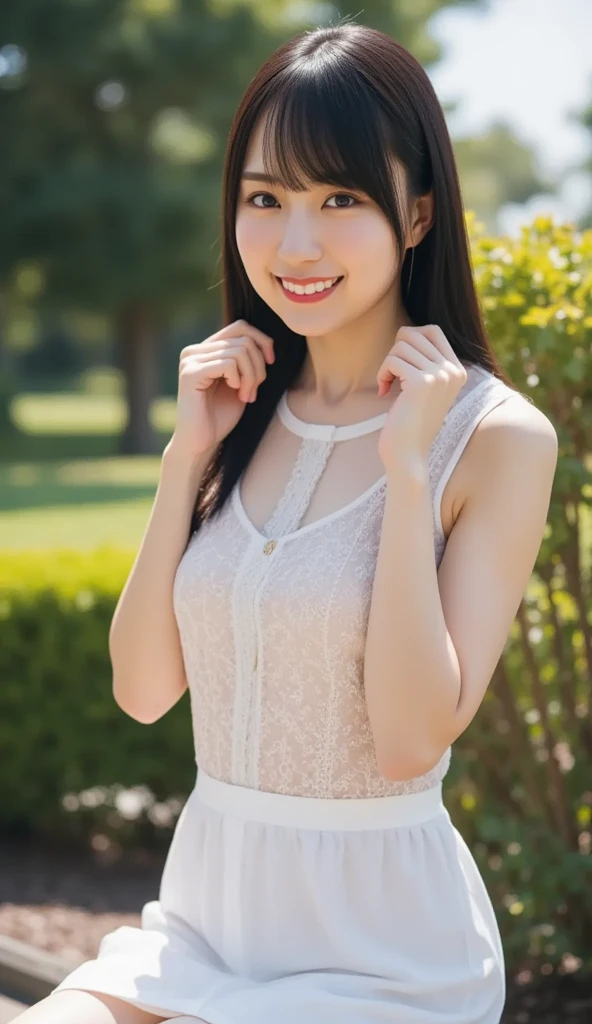 Neat and clean schoolgirl、Outside the field、(Slimed)、Photorealsitic、detaileds, Skin Texture, ultra-detailliert、Delicate and sexy collarbone、A smile、Super Detailed Face、Detailed lips、A detailed eye、tiny chest、Smaller chest、small tit、Small、flat breast、Chest emphasis、Bright face、((is standing、White panties are visible from the skirt、slightly lift the hem of the skirt with both hands,,,))、((Naked wearing only one white apron、Naked sexy white apron))
