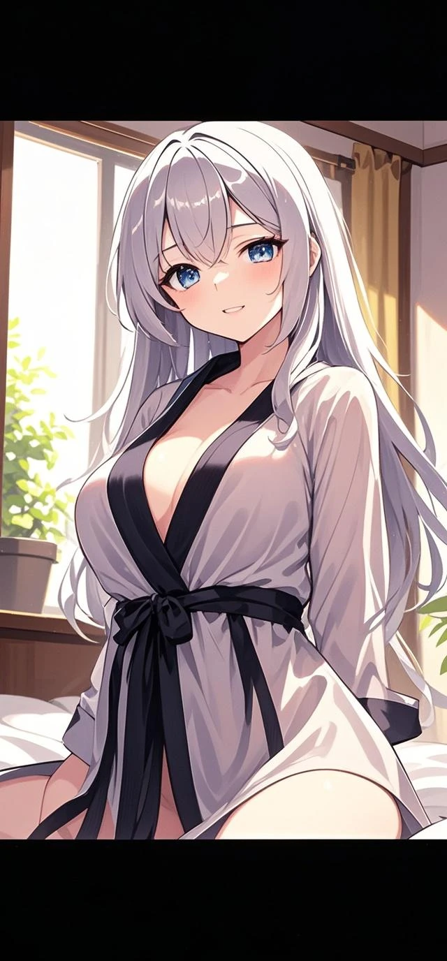(Highest quality, High resolution, Very detailed), 1 female, Silver Hair, Long Hair, Reddish brown eyes, Japanese yukata costume, lace thong, garter belt, 24th generation, Beautiful woman, mature, quiet, Calm, Large Breasts, A small smile, office,