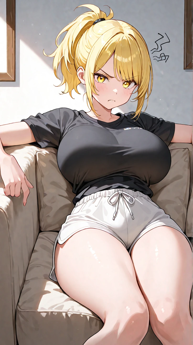 Super Pochaco, thick, chubby, huge breasts, thick thighs, spreading legs, hand in panties, blushing, moaning, orgasm, blonde hair, masterpiece, best quality, ultra detailed