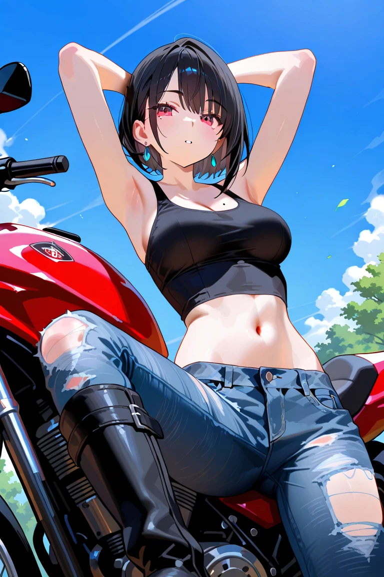 Motorcycle anime girl in short green mini skirt and green leather bra、Big breasts、Leather Costume、White silk panties、blured background、1girl in、Race Queen、Brown ponytail、ninjartist、bblurry、A smile、a navel、looking at the viewers、outside of house、Skindentation、tag、solofocus、The bikini、Brown-eyed、swim wears