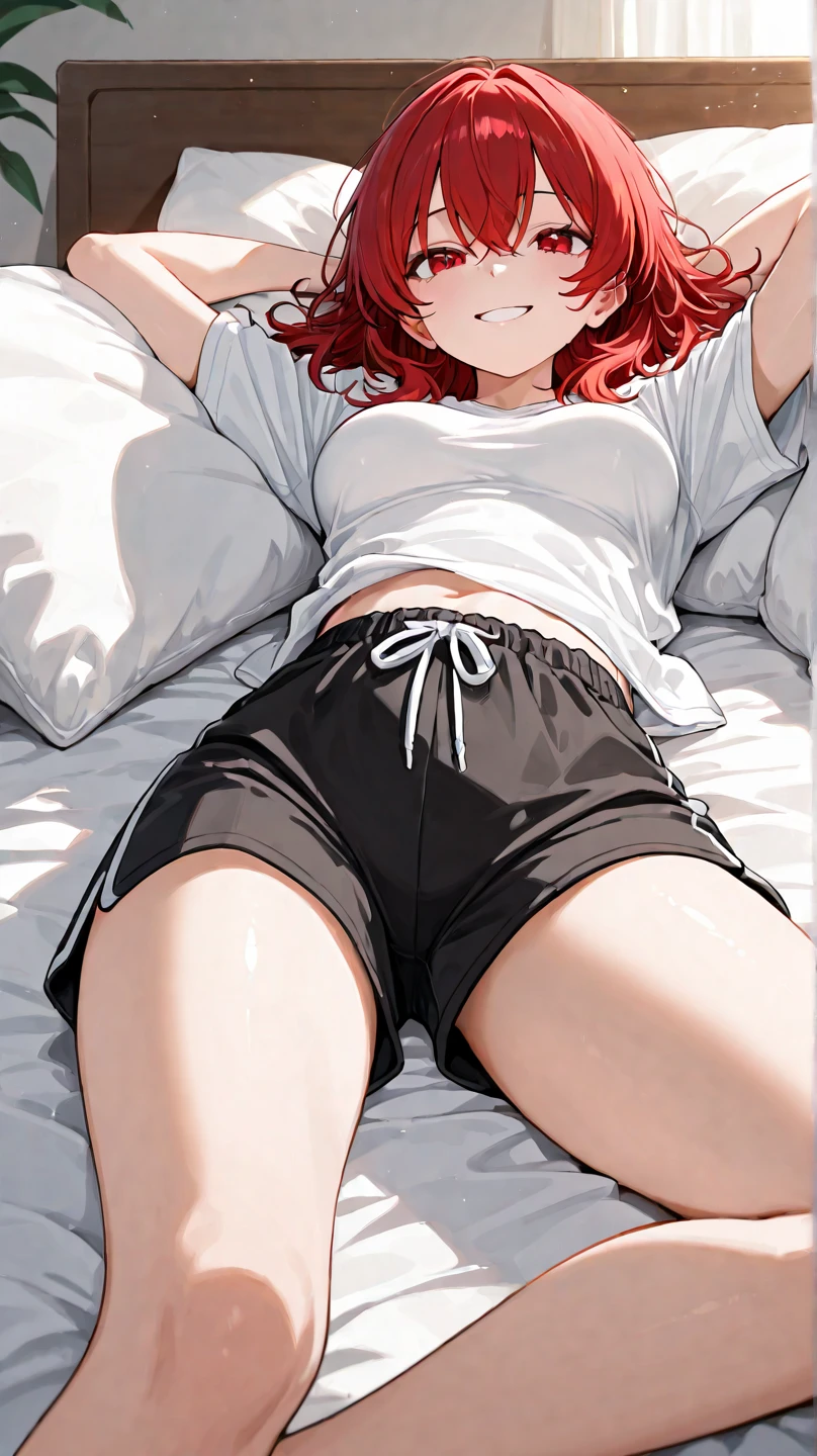 small girl with red hair and green eyes wearing a white skirt and a black shirt wearing black stockings and sports shoes