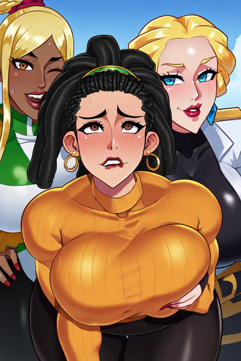 women,brown skin,black long hair, dark brown eyes, white tight bodysuit, big breast, white Trousers,standing on a meadow, break men stand behind,break, men stannd on the side