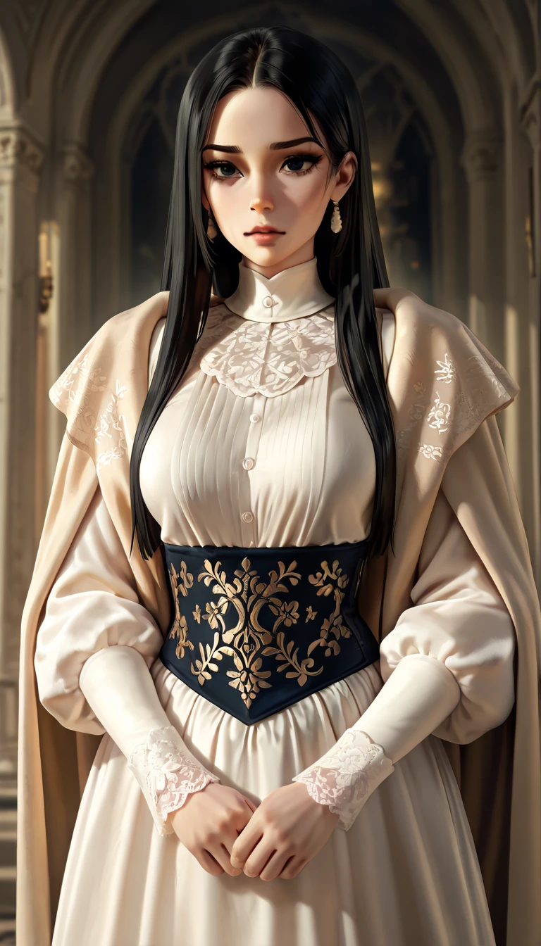 liz, the third daughter of a wealthy family, she walks with an air of superiority down a luxuriously decorated hallway. She is a tall, slender young woman, with an imposing presence. Her face has a haughty expression, with finely arched eyebrows and lips painted a deep red hue. She has bright emerald green eyes, they seem penetrating and calculating. She has hair as black as night, sleek, falling in soft waves on her shoulders, perfectly styled without a single strand out of place.
She wears an extremely extravagant dress, worthy of royalty, with multiple layers of ruffles and lace in shades of gold and ivory. The dress is adorned with jewels that sparkle with every movement, making her look like a figure from a Baroque painting. Her waist is cinched by a corset that highlights her slender figure, and the skirt of the dress spreads in a wide circle around her.
on your feet, she wears high, elegant heels, made of shiny black leather, with small golden buckles that shine as they reflect the light of the hallway. The sound of her steps echoes down the corridor, demanding attention with every click. liz avanza con una gracia estudiada, aware that she is the center of attention.
The setting is a hallway of a palace or a mansion, with dark red velvet carpets, crystal chandeliers hanging from the high ceiling, and walls decorated with old portraits of ancestors, all with stern gazes. liz camina en el centro del pasillo, surrounded by maids who watch her nervously from the corners, fearful of crossing her path.