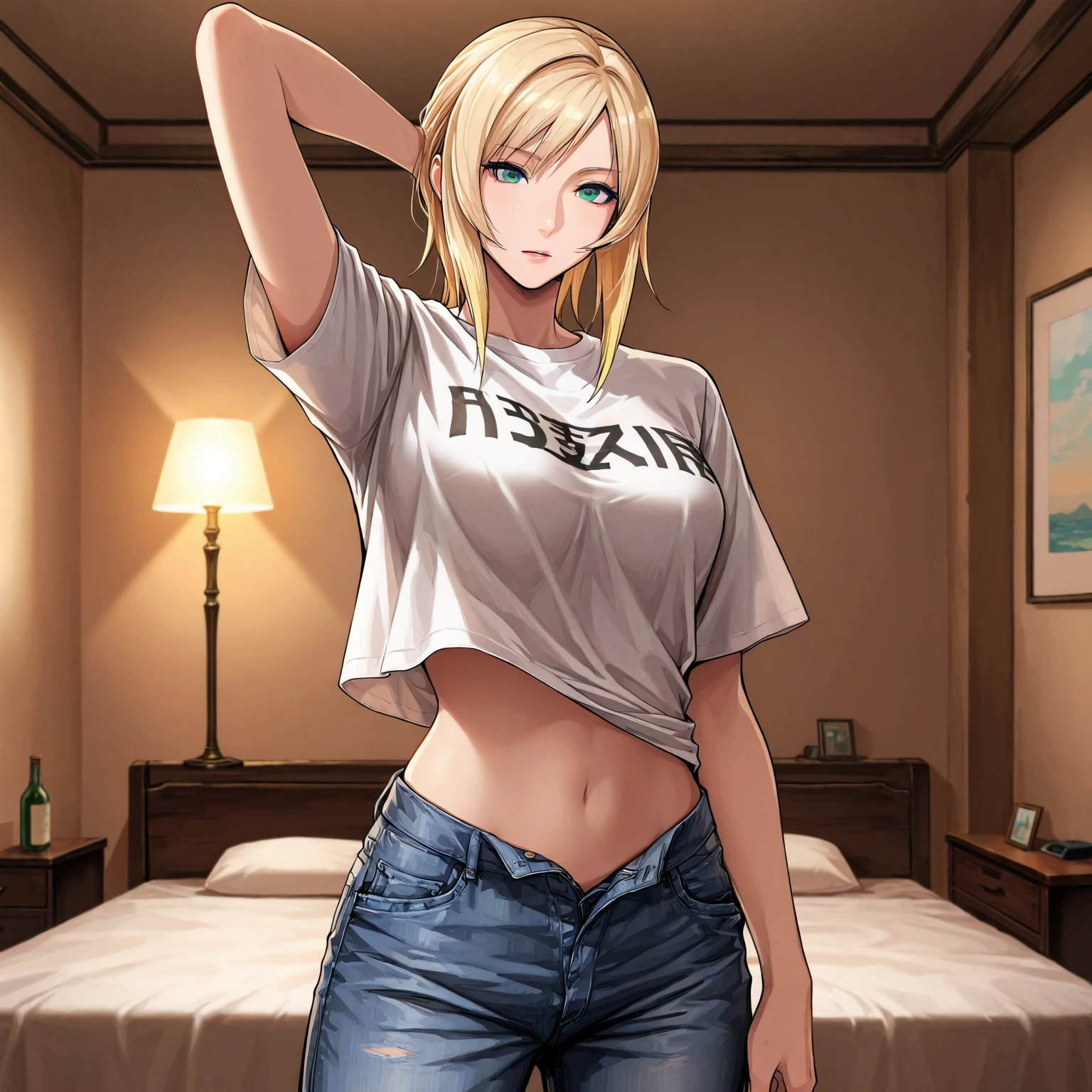 medium blonde hair,, bangs, blue eyes, red lipstick, smile, piercings, earrings, bracelets, necklace, peitos grandes, Red _nails, top tube preto, rosto detalhado, pernas grandes, shorts jeans, jacket,, Dentro de casa, mature woman,, (melhor qualidade:0.8), (obra de arte), right hand on waist, cintura fina, pernas cruzadas, ombros nus
