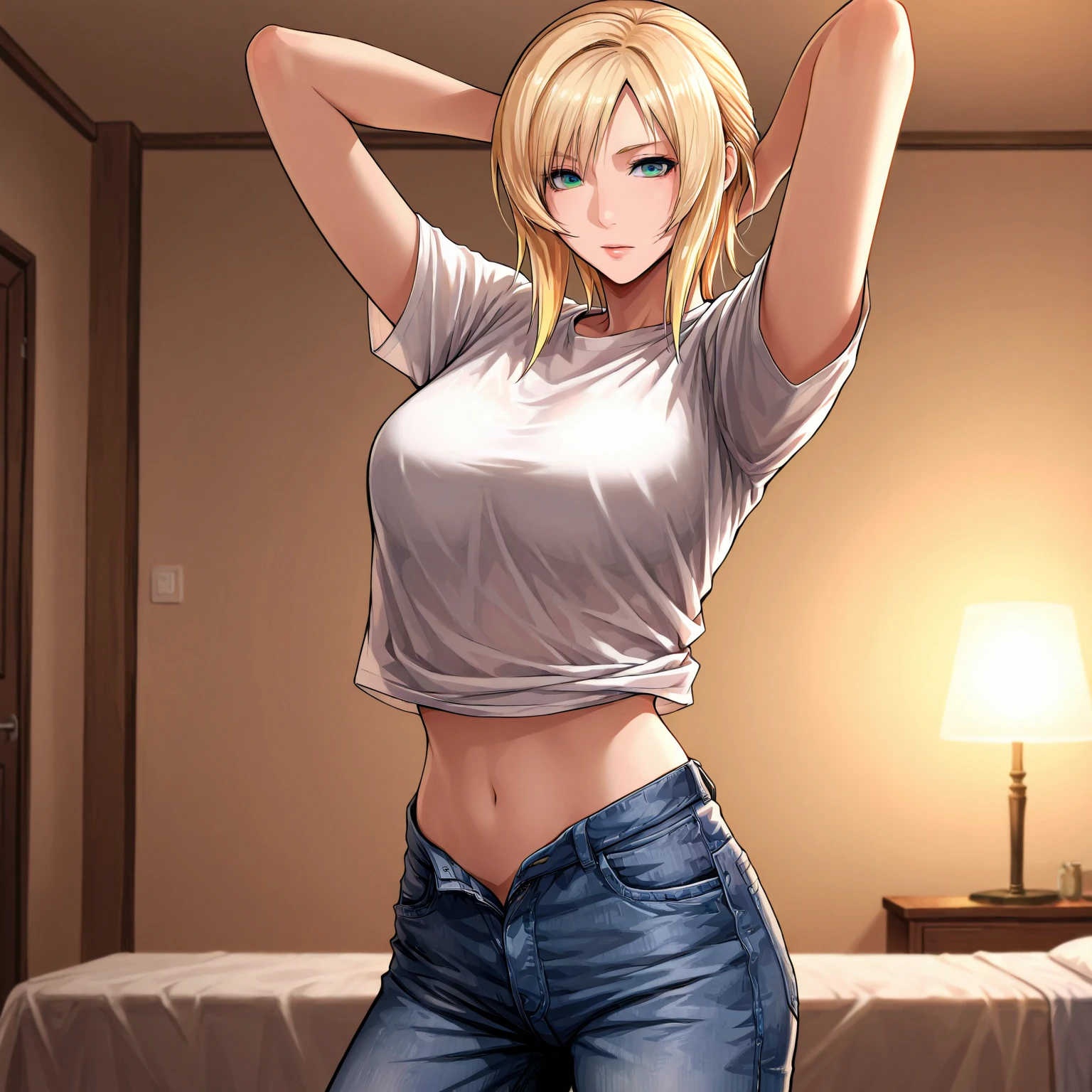 Amazing portrait of a cute woman with short blonde hair in a messy bob and heavy eyeliner emphasizing her ocean blue eyes with a deep blush across her pale face and her soft pink lips parted in anticipation of a kiss she wears a tight white t shirt that is hugging her perfect body showing off her medium chest and curvy hips which is tucked into a denim miniskirt that shows off her wide waist as she sits on her bed intimately